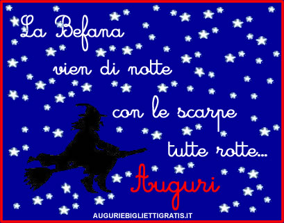 della befana con figura nera su sfondo blu e stelline bianche