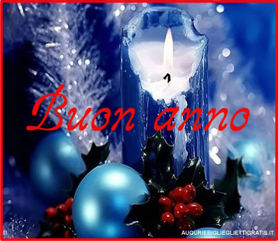 biglietto di auguri di felice anno nuovo con candela blu e pallina di natale celeste
