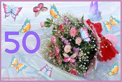 biglietti auguri compleanno 50 anni fiori e farfalle con colori tenui