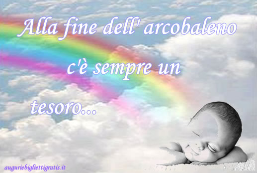 biglietto di auguri con bambino in fondo ad un arcobaleno