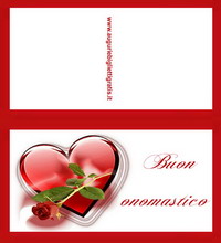 biglietto con cuore rosso e rosa rossa per fare gli auguri a chi festeggia l'onomastico