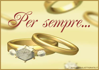 biglietto di auguri con anello e vera su sfondo giallo con scritta per sempre marrone