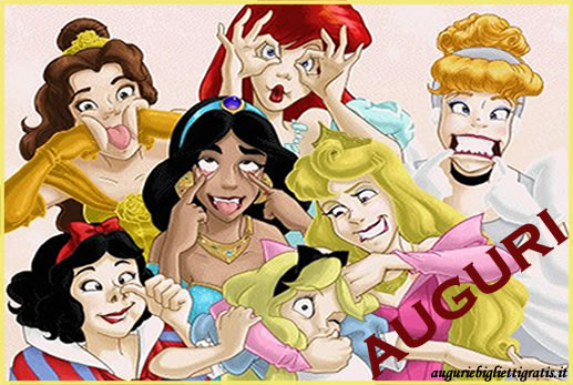 biglietto di auguri divertente con principesse disney che fanno le boccacce