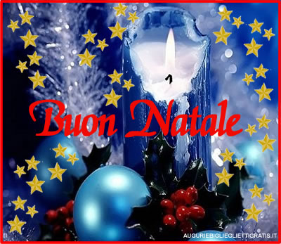 auguri di natale con candela azzurra e stelline gialle