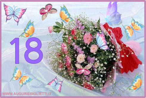 biglietto di auguri con fiori e la scritta 18