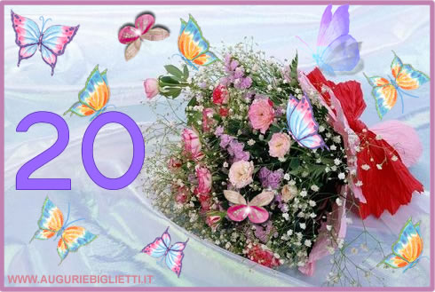 biglietto di auguri 20 anni con farfalle e fiori