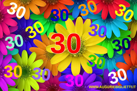 biglietti auguri per i 30 anni con tante margherite colorate