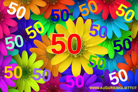 biglietti auguri compleanno 50 anni fiori e farfalle con tante margherite colorate