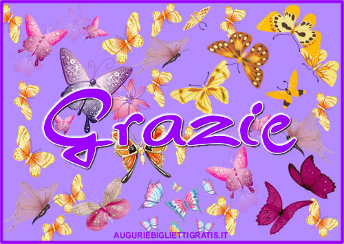 biglietti per dire grazie con sfondo viola e tante farfalle colorate