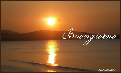 biglietto con scritto buongiorno e sfondo alba con gabbiano sulla spiaggia