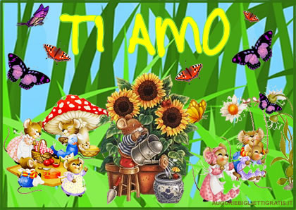 biglietto con scritto ti amo con topolini farfalle colorate e fili di erba verde