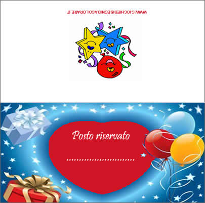 segnaposto con regalo di compleanno e palloncini colorati su sfondo blu e cuore rosso
