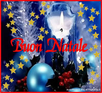 biglietto di buon natale con candela e pallina di natale azzurra celeste