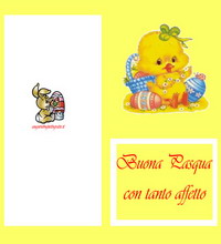 biglietto di buona pasqua giallo con oulcino e uova colorate