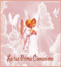 biglietto di auguri della prima comunione con angeli che si danno un bacino
