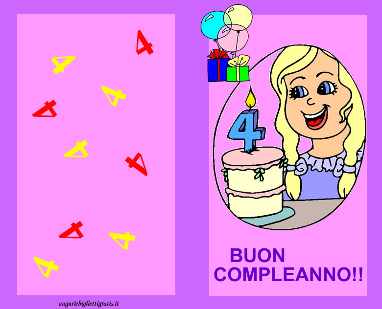 Auguri per i 4 anni di una bambina, colorato di rosa e una grande torta con bambina bionda