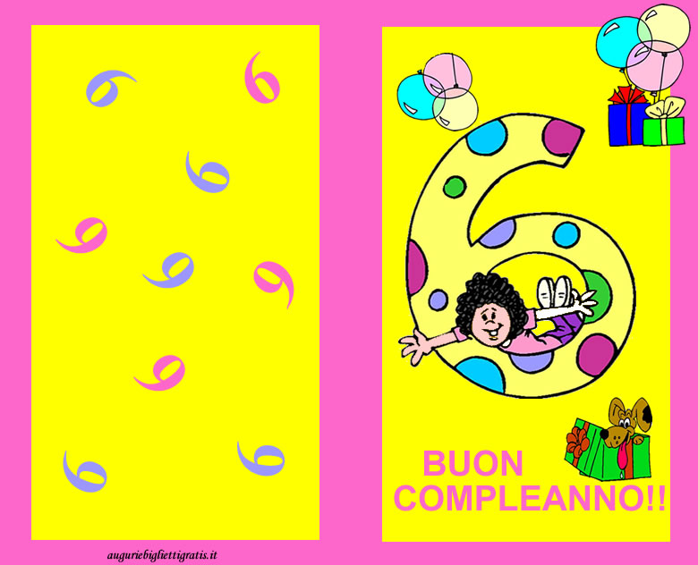 Biglietto di buon compleanno per bambini di 6 anni, colore rosa e giallo con un 6 centrale a pois