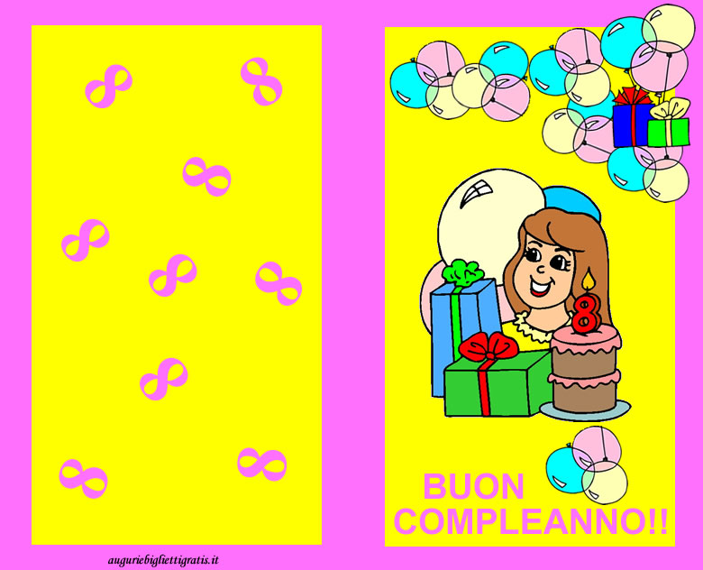 Biglietto di buon compleanno per bambini di 8 anni con bordo rosa, pacchi regali e torta