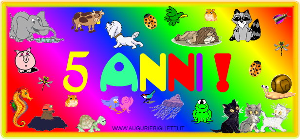 auguri con tanti animali e la scritta 5 anni
