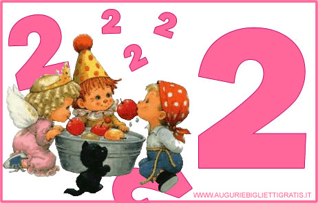 Biglietto di buon compleanno per bambini di 2 anni con bambini che giocano e numero 2 colorato di rosa